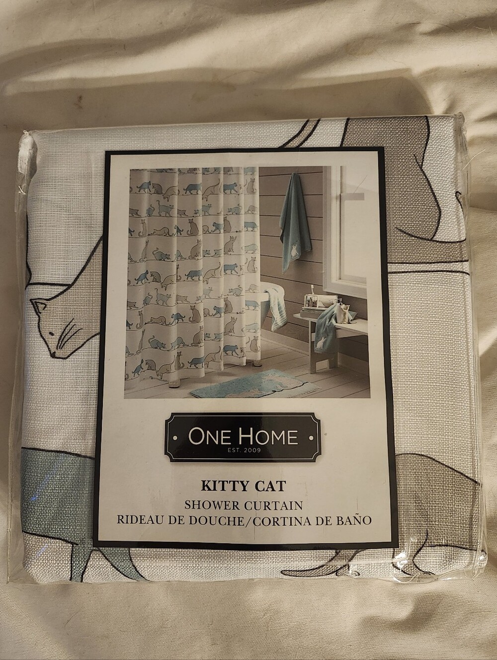 One Home Kitty Cat Shower Curtain - Blue and White New